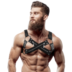 FETISH SUBMISSIVE ATTITUDE - ARNÉS BULLDOG AJUSTABLE NEOPRENO PECHO CRUZADO CON CREMALLERAS HOMBRE:: Discreción en tusexshopgay.