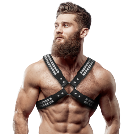 FETISH SUBMISSIVE ATTITUDE - ARNÉS ECOPIEL PECHO CRUZADO CON REMACHES HOMBRE:: Discreción en tusexshopgay.com