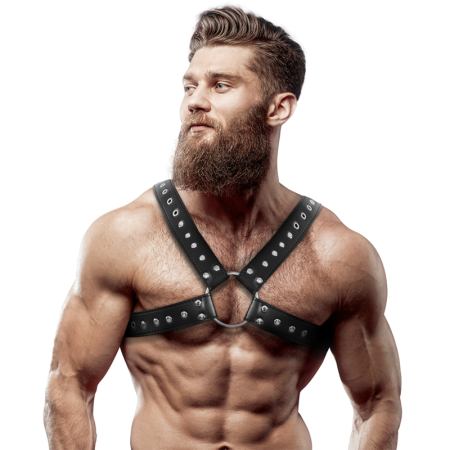 FETISH SUBMISSIVE ATTITUDE - ARNÉS ECOPIEL PECHO CRUZADO CON TACHUELAS HOMBRE:: Discreción en tusexshopgay.com