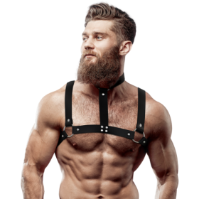 FETISH SUBMISSIVE ATTITUDE - ARNÉS AJUSTABLE ECOPIEL PECHO CON COLLAR HOMBRE:: Discreción en tusexshopgay.com