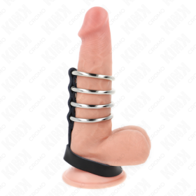 KINK - 4 ANILLOS PENE METAL 3.8 CM CONECTADOS CON CORREA DE CUERO 22 X 1.5 CM Y CIERRE A PRESIÓN:: Discreción en tusexshopgay.co